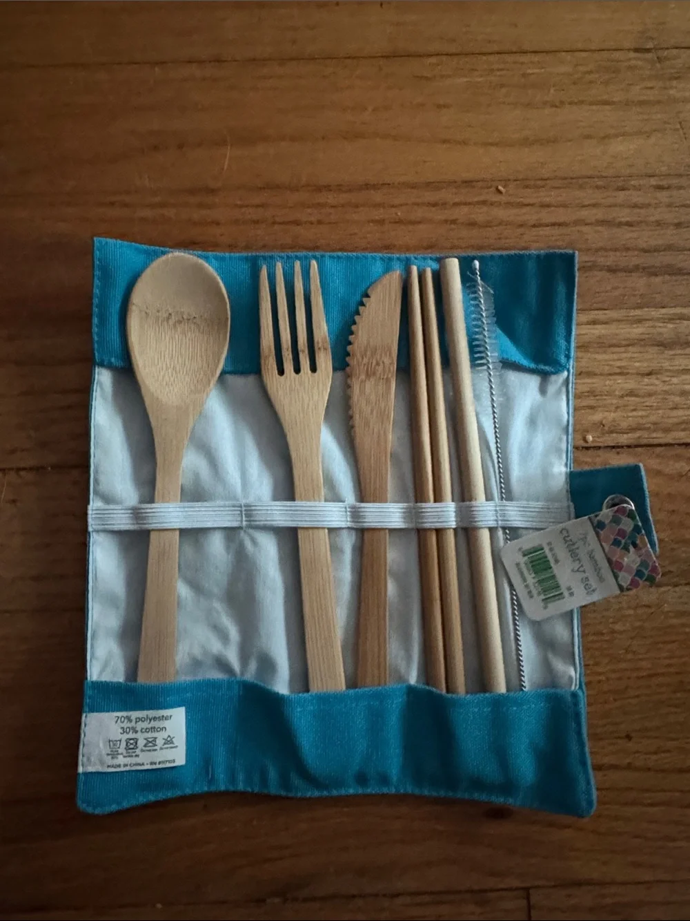 Bamboo Utensil Travel Set in cloth, Teal case NWT #1